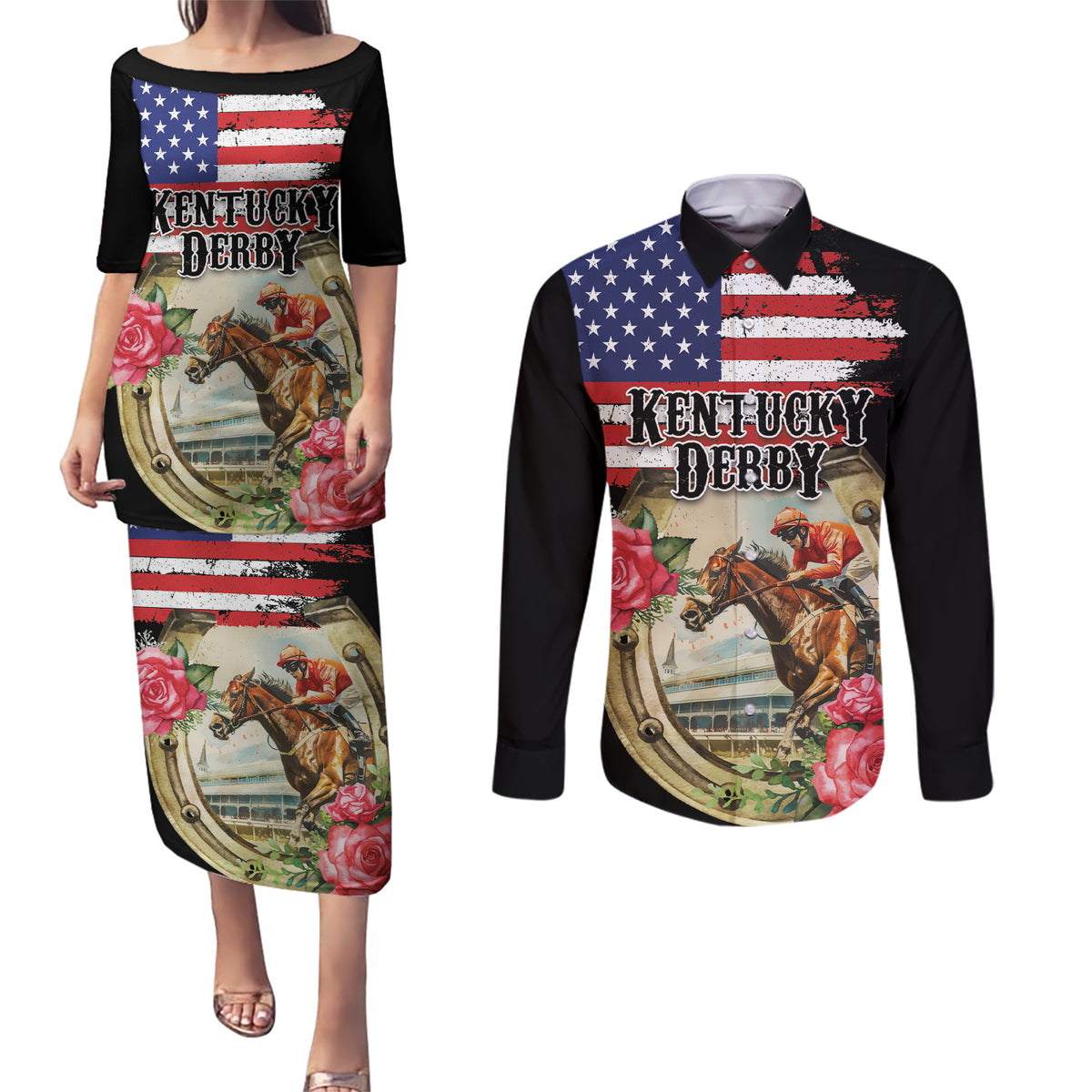 Kentucky Horseshoe Racing Rose Couples Matching Puletasi and Long Sleeve Button Shirt Grunge American Flag Vintage Style - Wonder Print Shop