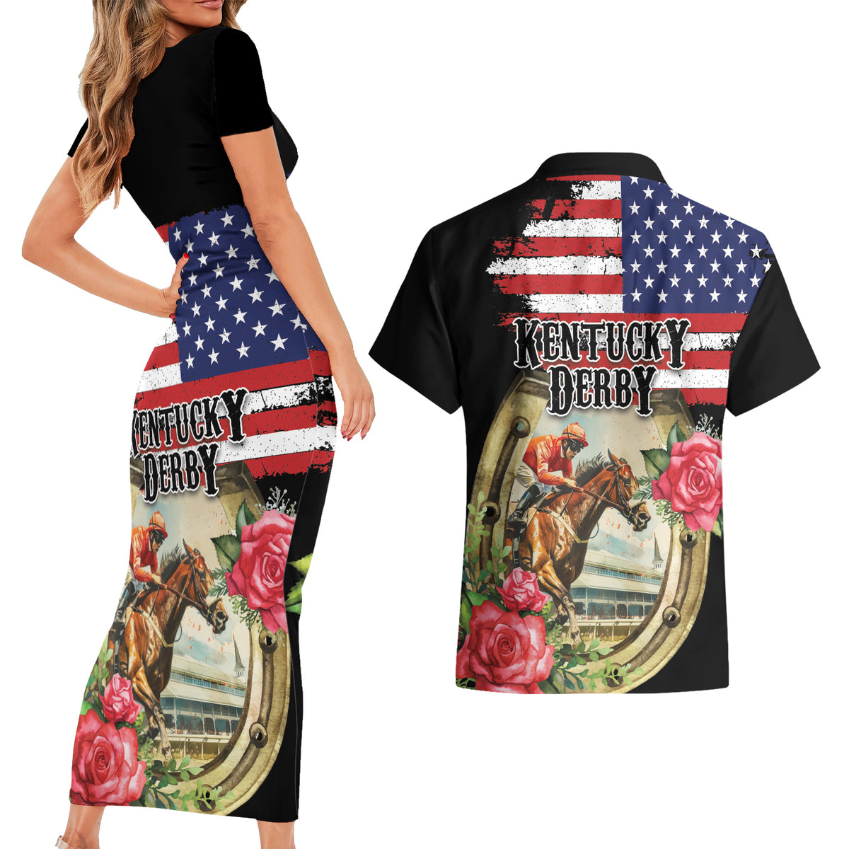 Kentucky Horseshoe Racing Rose Couples Matching Short Sleeve Bodycon Dress and Hawaiian Shirt Grunge American Flag Vintage Style - Wonder Print Shop