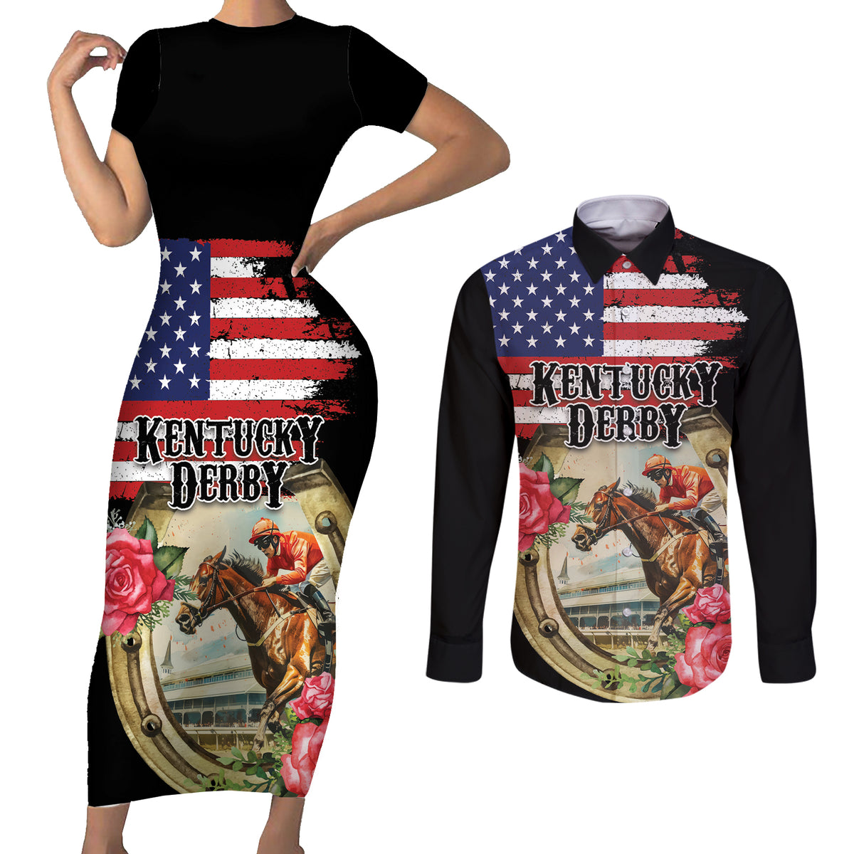 Kentucky Horseshoe Racing Rose Couples Matching Short Sleeve Bodycon Dress and Long Sleeve Button Shirt Grunge American Flag Vintage Style - Wonder Print Shop