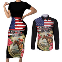 Kentucky Horseshoe Racing Rose Couples Matching Short Sleeve Bodycon Dress and Long Sleeve Button Shirt Grunge American Flag Vintage Style - Wonder Print Shop