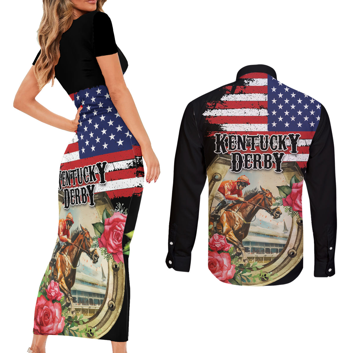 Kentucky Horseshoe Racing Rose Couples Matching Short Sleeve Bodycon Dress and Long Sleeve Button Shirt Grunge American Flag Vintage Style - Wonder Print Shop