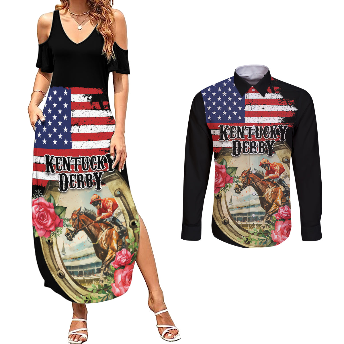 Kentucky Horseshoe Racing Rose Couples Matching Summer Maxi Dress and Long Sleeve Button Shirt Grunge American Flag Vintage Style - Wonder Print Shop