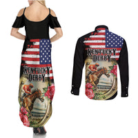 Kentucky Horseshoe Racing Rose Couples Matching Summer Maxi Dress and Long Sleeve Button Shirt Grunge American Flag Vintage Style - Wonder Print Shop
