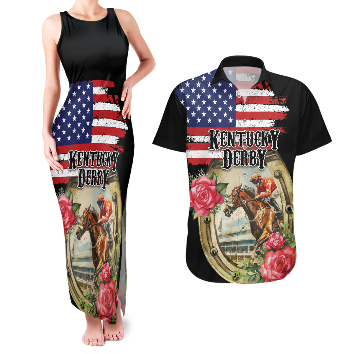 Kentucky Horseshoe Racing Rose Couples Matching Tank Maxi Dress and Hawaiian Shirt Grunge American Flag Vintage Style - Wonder Print Shop
