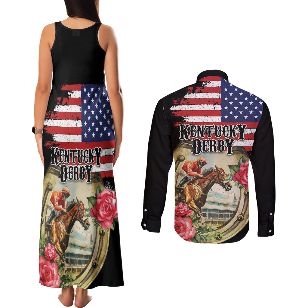 Kentucky Horseshoe Racing Rose Couples Matching Tank Maxi Dress and Long Sleeve Button Shirt Grunge American Flag Vintage Style - Wonder Print Shop