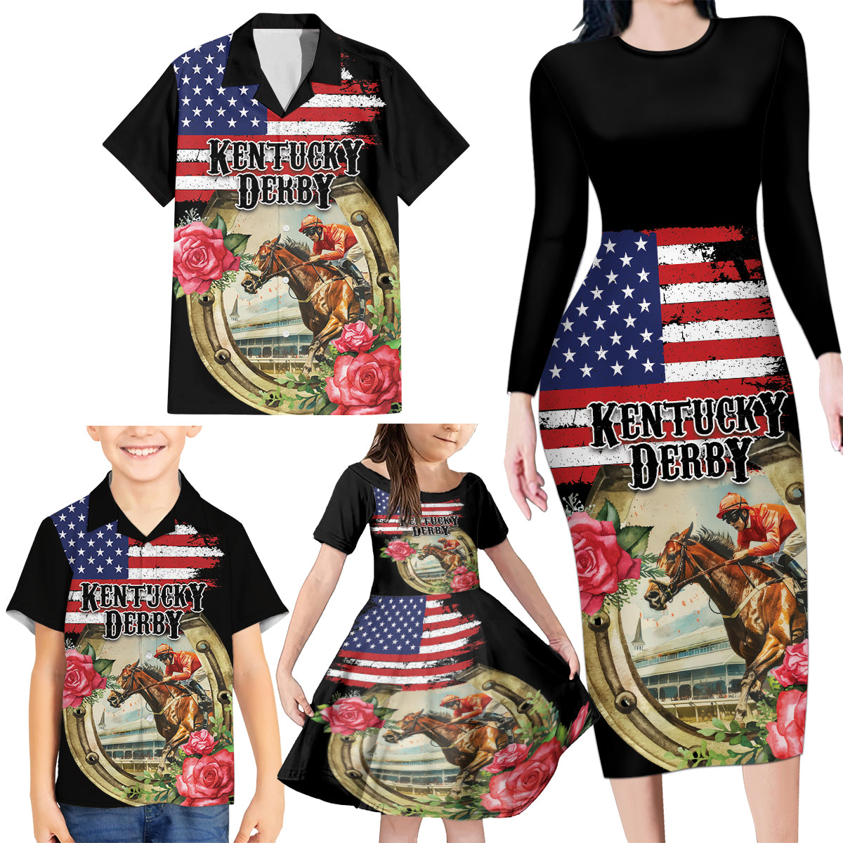 Kentucky Horseshoe Racing Rose Family Matching Long Sleeve Bodycon Dress and Hawaiian Shirt Grunge American Flag Vintage Style - Wonder Print Shop