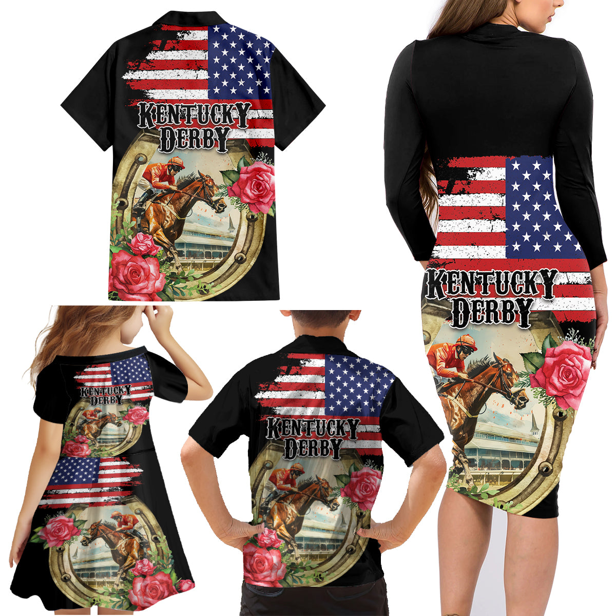 Kentucky Horseshoe Racing Rose Family Matching Long Sleeve Bodycon Dress and Hawaiian Shirt Grunge American Flag Vintage Style - Wonder Print Shop