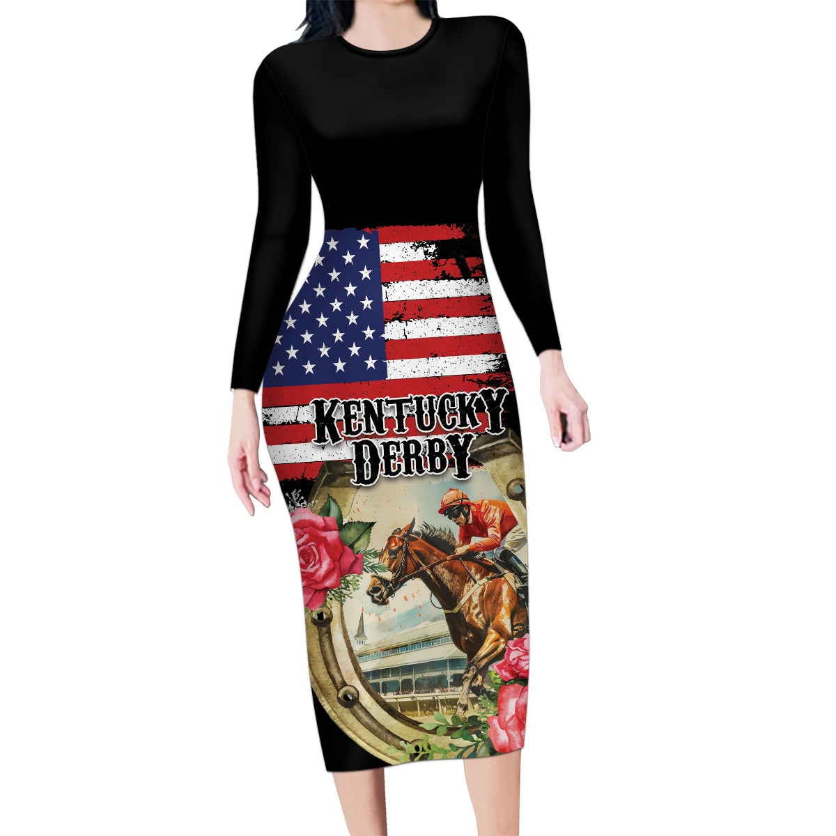Kentucky Horseshoe Racing Rose Family Matching Long Sleeve Bodycon Dress and Hawaiian Shirt Grunge American Flag Vintage Style - Wonder Print Shop