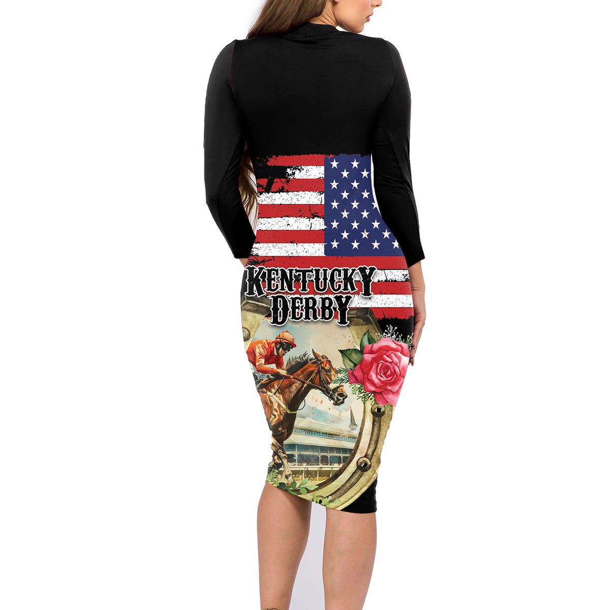 Kentucky Horseshoe Racing Rose Family Matching Long Sleeve Bodycon Dress and Hawaiian Shirt Grunge American Flag Vintage Style - Wonder Print Shop