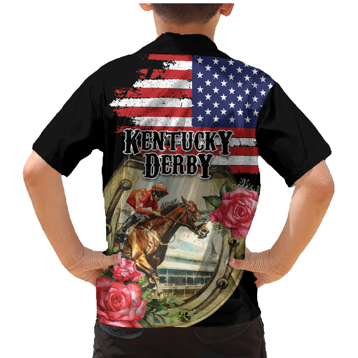 Kentucky Horseshoe Racing Rose Family Matching Mermaid Dress and Hawaiian Shirt Grunge American Flag Vintage Style - Wonder Print Shop