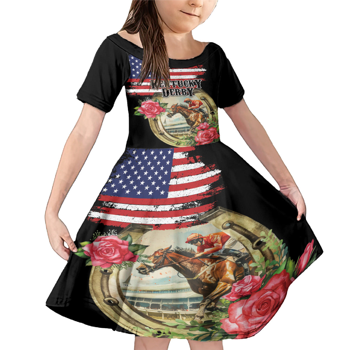 Kentucky Horseshoe Racing Rose Family Matching Mermaid Dress and Hawaiian Shirt Grunge American Flag Vintage Style - Wonder Print Shop