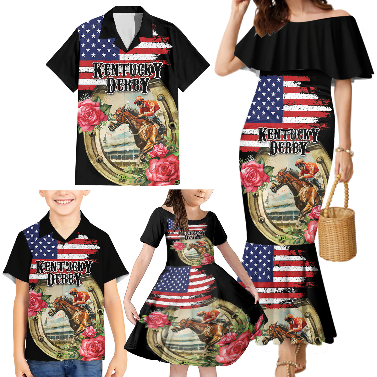 Kentucky Horseshoe Racing Rose Family Matching Mermaid Dress and Hawaiian Shirt Grunge American Flag Vintage Style - Wonder Print Shop
