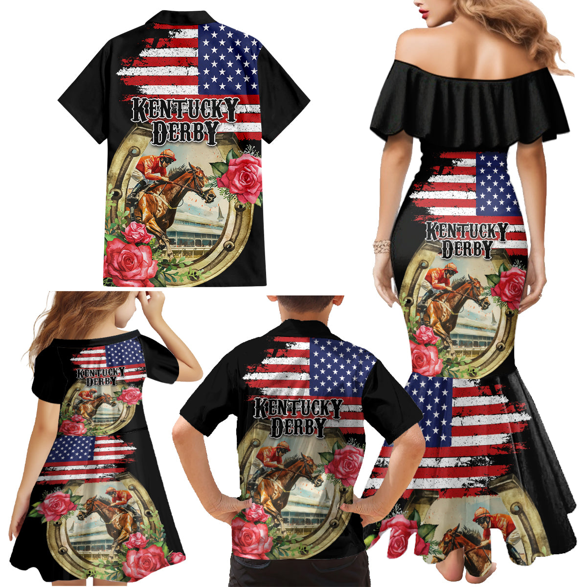 Kentucky Horseshoe Racing Rose Family Matching Mermaid Dress and Hawaiian Shirt Grunge American Flag Vintage Style - Wonder Print Shop