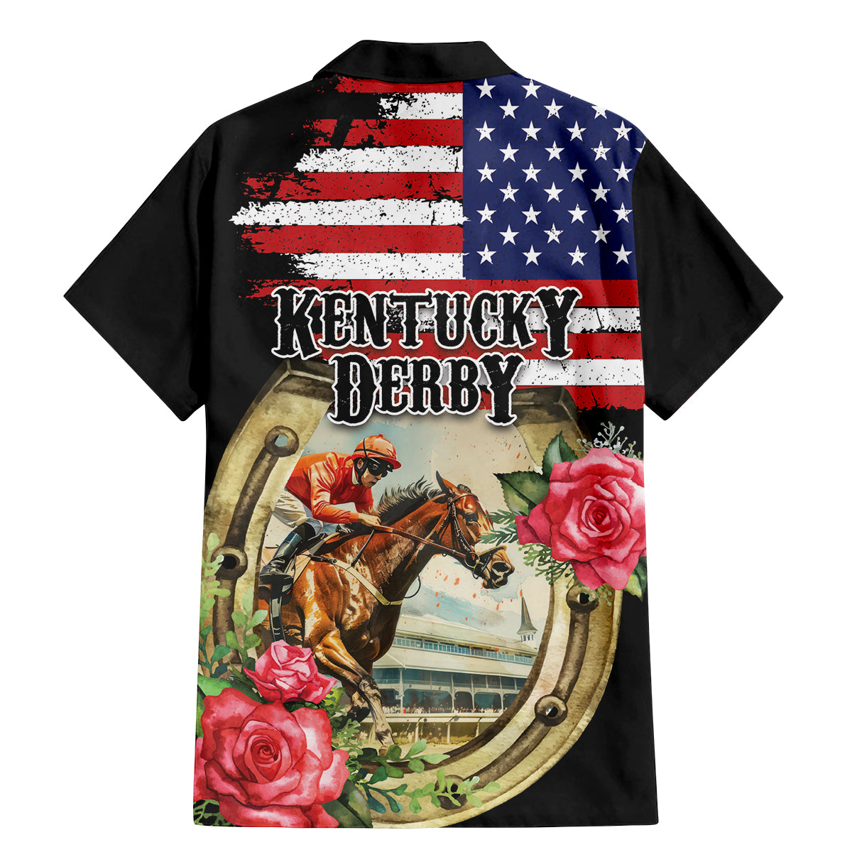Kentucky Horseshoe Racing Rose Family Matching Mermaid Dress and Hawaiian Shirt Grunge American Flag Vintage Style - Wonder Print Shop