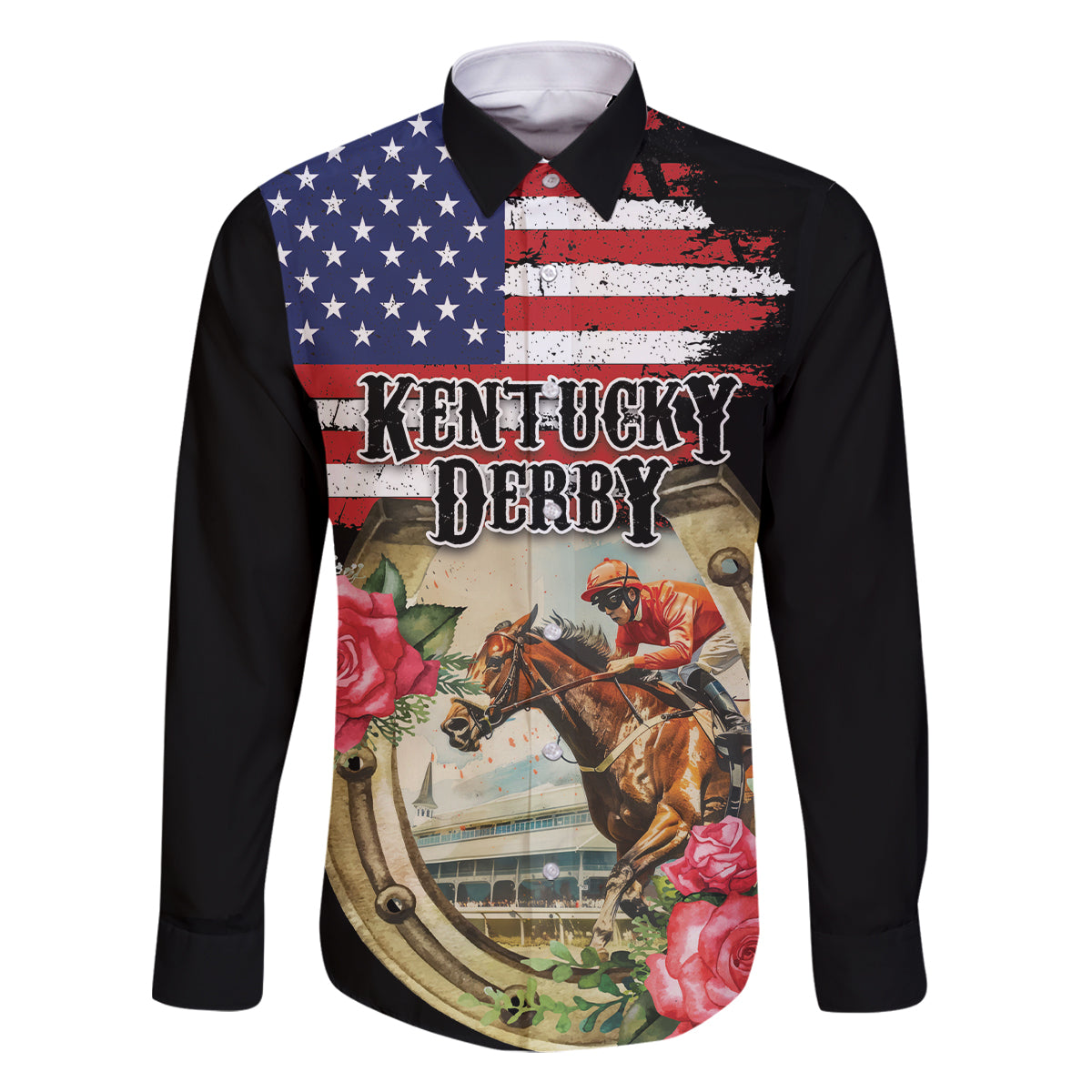 Kentucky Horseshoe Racing Rose Family Matching Mermaid Dress and Hawaiian Shirt Grunge American Flag Vintage Style - Wonder Print Shop