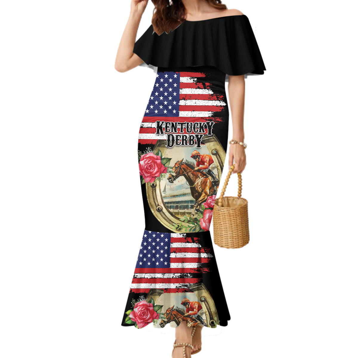 Kentucky Horseshoe Racing Rose Family Matching Mermaid Dress and Hawaiian Shirt Grunge American Flag Vintage Style - Wonder Print Shop