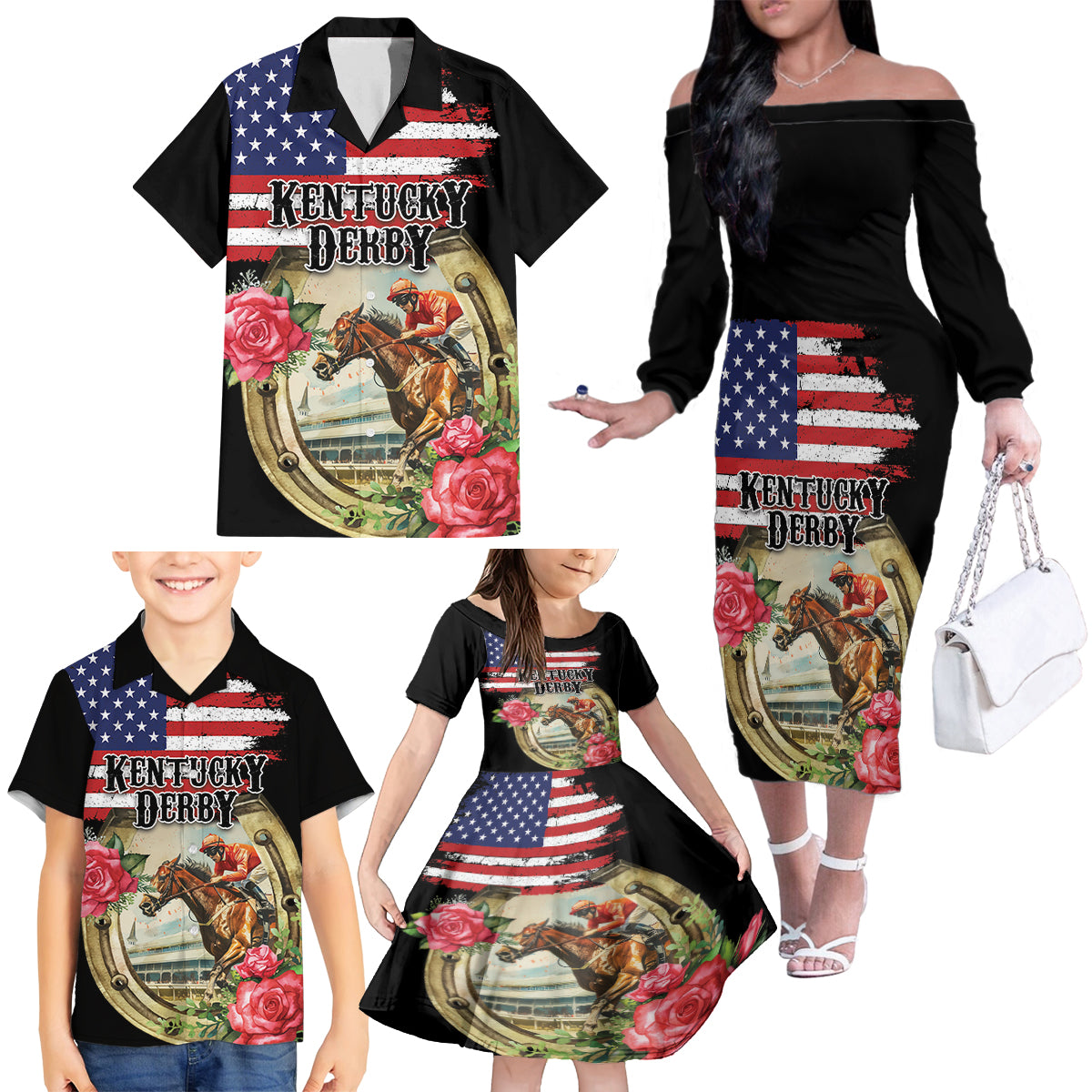 Kentucky Horseshoe Racing Rose Family Matching Off The Shoulder Long Sleeve Dress and Hawaiian Shirt Grunge American Flag Vintage Style - Wonder Print Shop