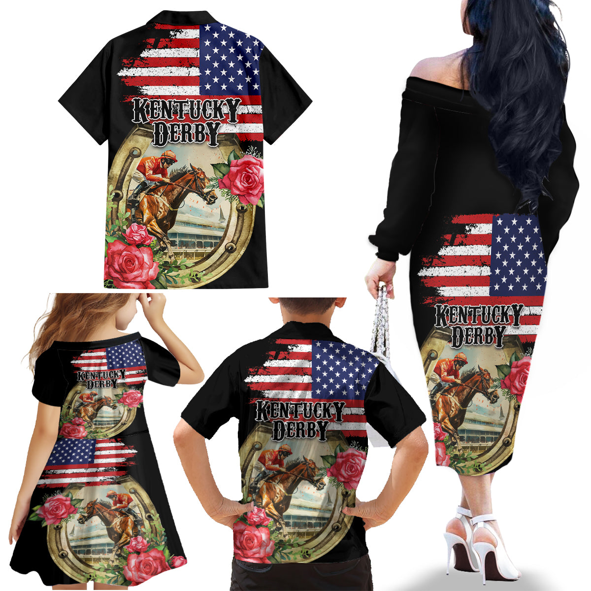 Kentucky Horseshoe Racing Rose Family Matching Off The Shoulder Long Sleeve Dress and Hawaiian Shirt Grunge American Flag Vintage Style - Wonder Print Shop
