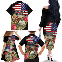 Kentucky Horseshoe Racing Rose Family Matching Off The Shoulder Long Sleeve Dress and Hawaiian Shirt Grunge American Flag Vintage Style - Wonder Print Shop