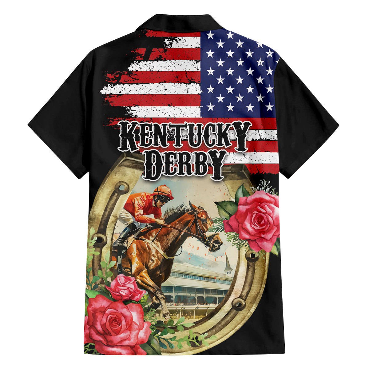 Kentucky Horseshoe Racing Rose Family Matching Off The Shoulder Long Sleeve Dress and Hawaiian Shirt Grunge American Flag Vintage Style - Wonder Print Shop