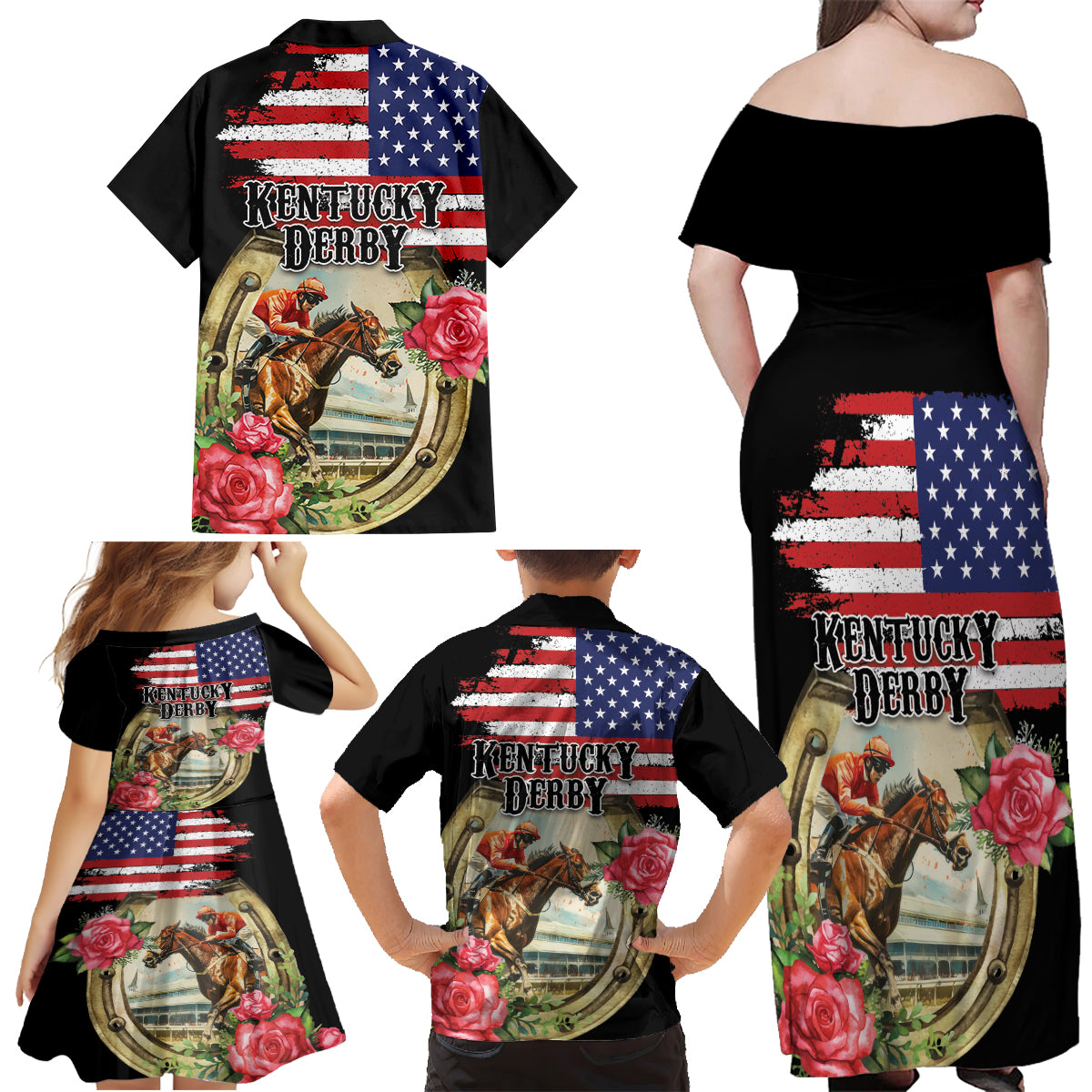 Kentucky Horseshoe Racing Rose Family Matching Off Shoulder Maxi Dress and Hawaiian Shirt Grunge American Flag Vintage Style - Wonder Print Shop