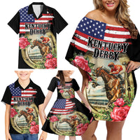 Kentucky Horseshoe Racing Rose Family Matching Off Shoulder Short Dress and Hawaiian Shirt Grunge American Flag Vintage Style - Wonder Print Shop