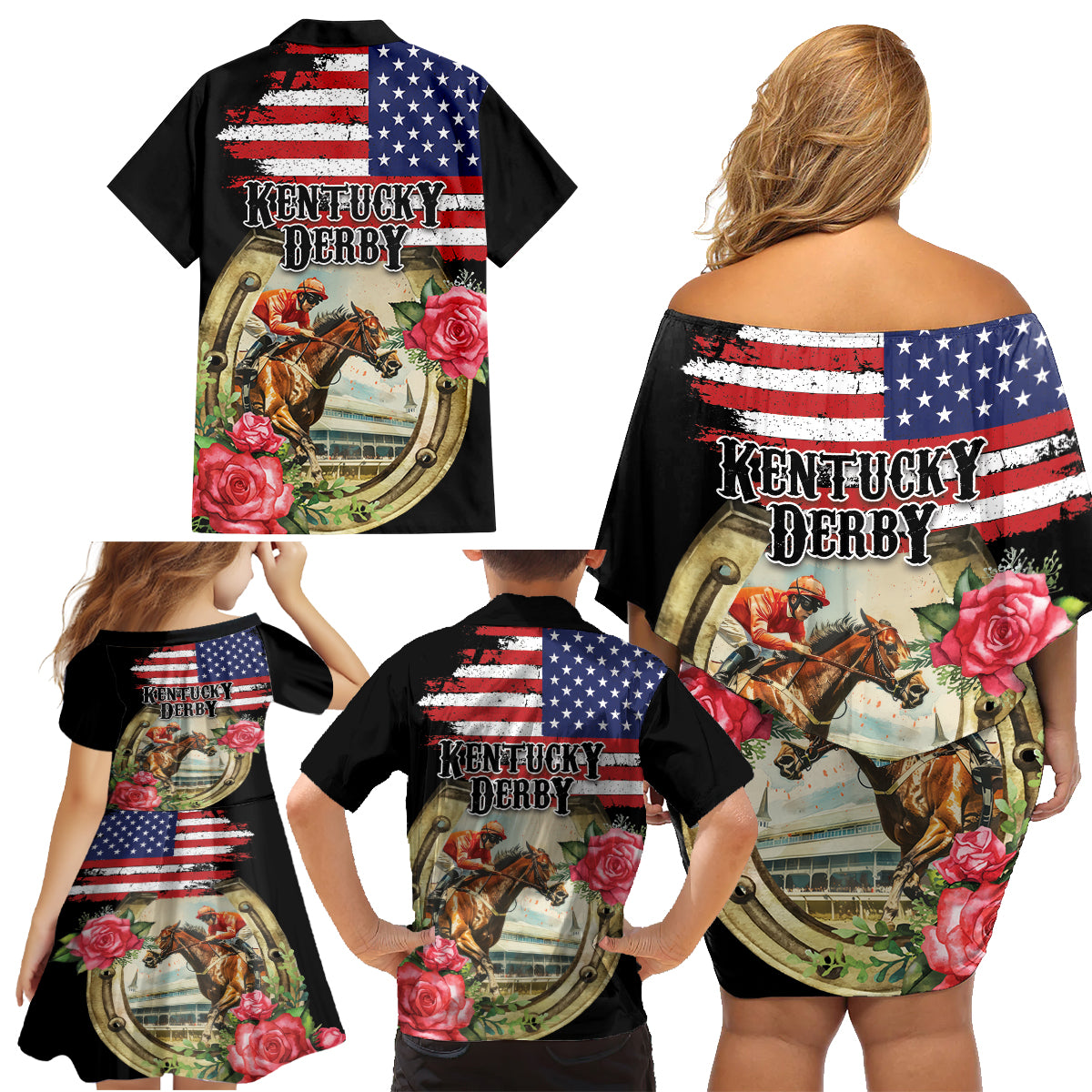 Kentucky Horseshoe Racing Rose Family Matching Off Shoulder Short Dress and Hawaiian Shirt Grunge American Flag Vintage Style - Wonder Print Shop