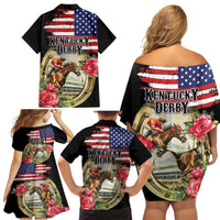 Kentucky Horseshoe Racing Rose Family Matching Off Shoulder Short Dress and Hawaiian Shirt Grunge American Flag Vintage Style - Wonder Print Shop