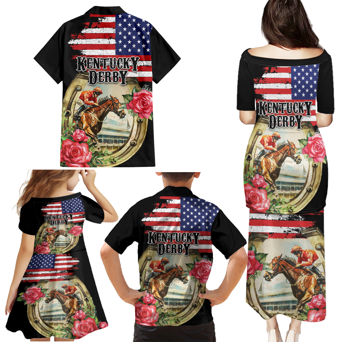 Kentucky Horseshoe Racing Rose Family Matching Puletasi and Hawaiian Shirt Grunge American Flag Vintage Style - Wonder Print Shop