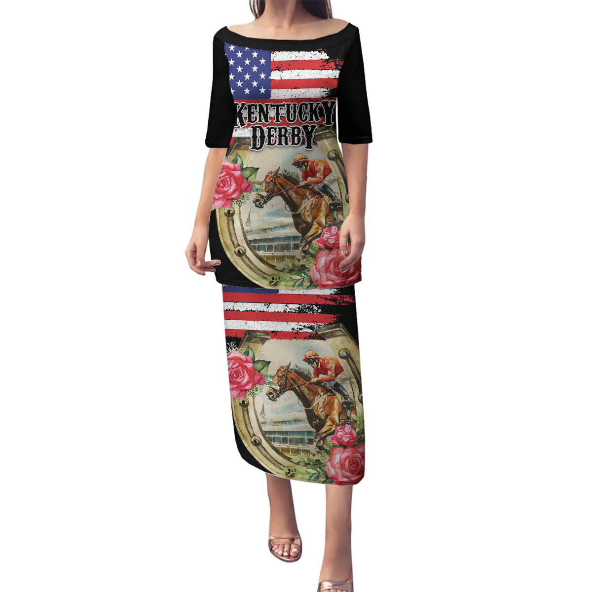 Kentucky Horseshoe Racing Rose Family Matching Puletasi and Hawaiian Shirt Grunge American Flag Vintage Style - Wonder Print Shop