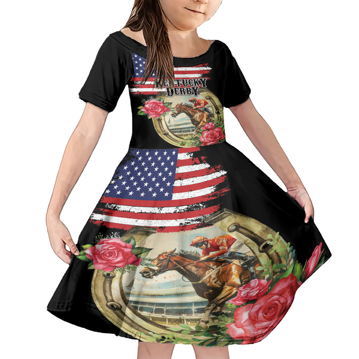Kentucky Horseshoe Racing Rose Family Matching Short Sleeve Bodycon Dress and Hawaiian Shirt Grunge American Flag Vintage Style - Wonder Print Shop