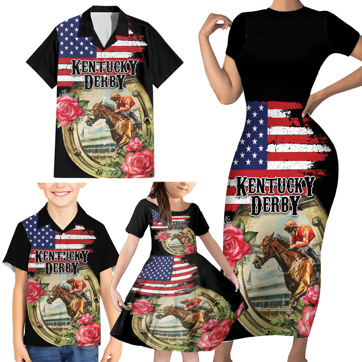 Kentucky Horseshoe Racing Rose Family Matching Short Sleeve Bodycon Dress and Hawaiian Shirt Grunge American Flag Vintage Style - Wonder Print Shop