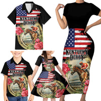 Kentucky Horseshoe Racing Rose Family Matching Short Sleeve Bodycon Dress and Hawaiian Shirt Grunge American Flag Vintage Style - Wonder Print Shop