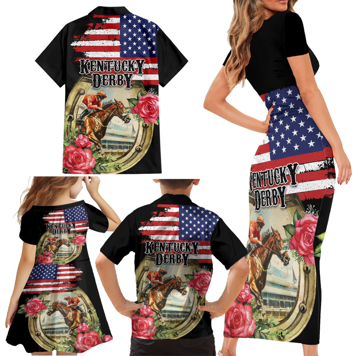 Kentucky Horseshoe Racing Rose Family Matching Short Sleeve Bodycon Dress and Hawaiian Shirt Grunge American Flag Vintage Style - Wonder Print Shop