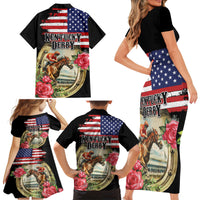 Kentucky Horseshoe Racing Rose Family Matching Short Sleeve Bodycon Dress and Hawaiian Shirt Grunge American Flag Vintage Style - Wonder Print Shop