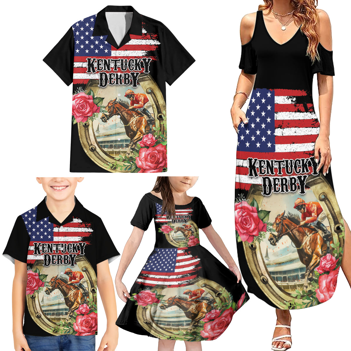 Kentucky Horseshoe Racing Rose Family Matching Summer Maxi Dress and Hawaiian Shirt Grunge American Flag Vintage Style - Wonder Print Shop