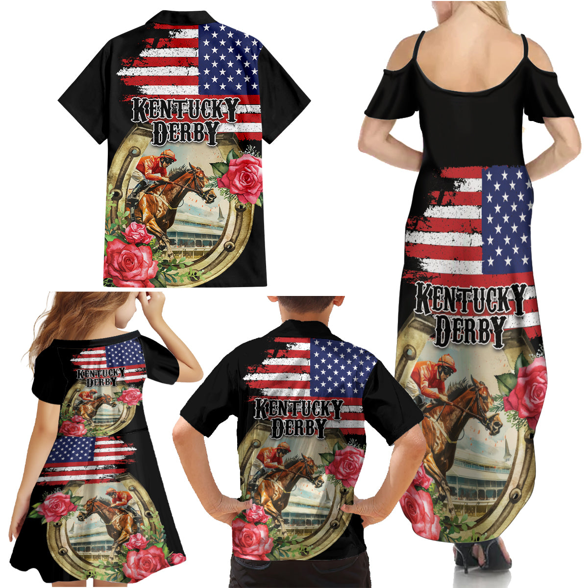 Kentucky Horseshoe Racing Rose Family Matching Summer Maxi Dress and Hawaiian Shirt Grunge American Flag Vintage Style - Wonder Print Shop