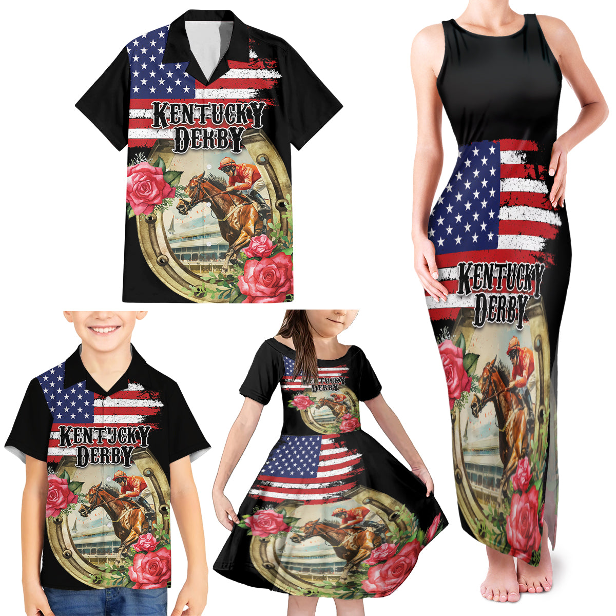 Kentucky Horseshoe Racing Rose Family Matching Tank Maxi Dress and Hawaiian Shirt Grunge American Flag Vintage Style - Wonder Print Shop
