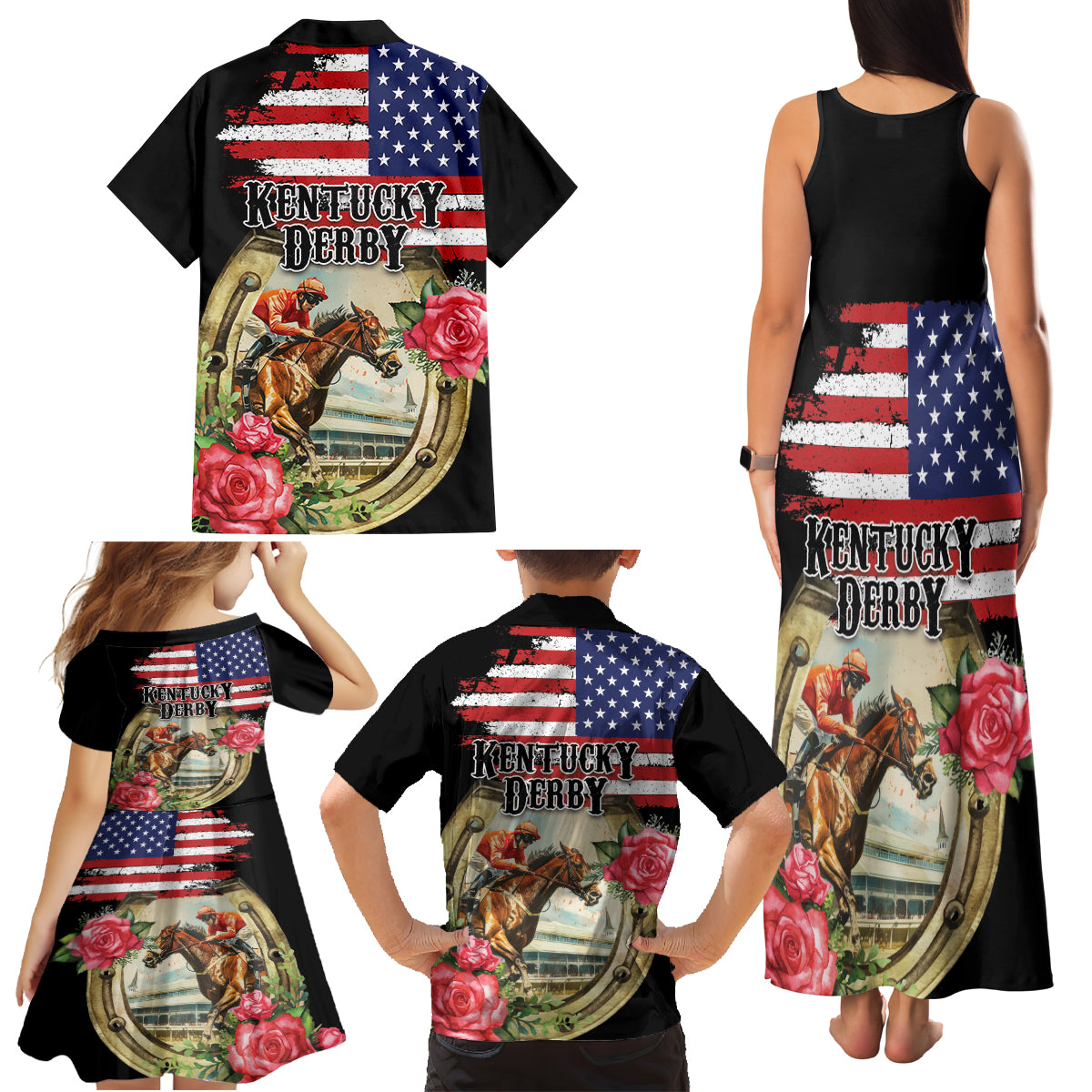 Kentucky Horseshoe Racing Rose Family Matching Tank Maxi Dress and Hawaiian Shirt Grunge American Flag Vintage Style - Wonder Print Shop