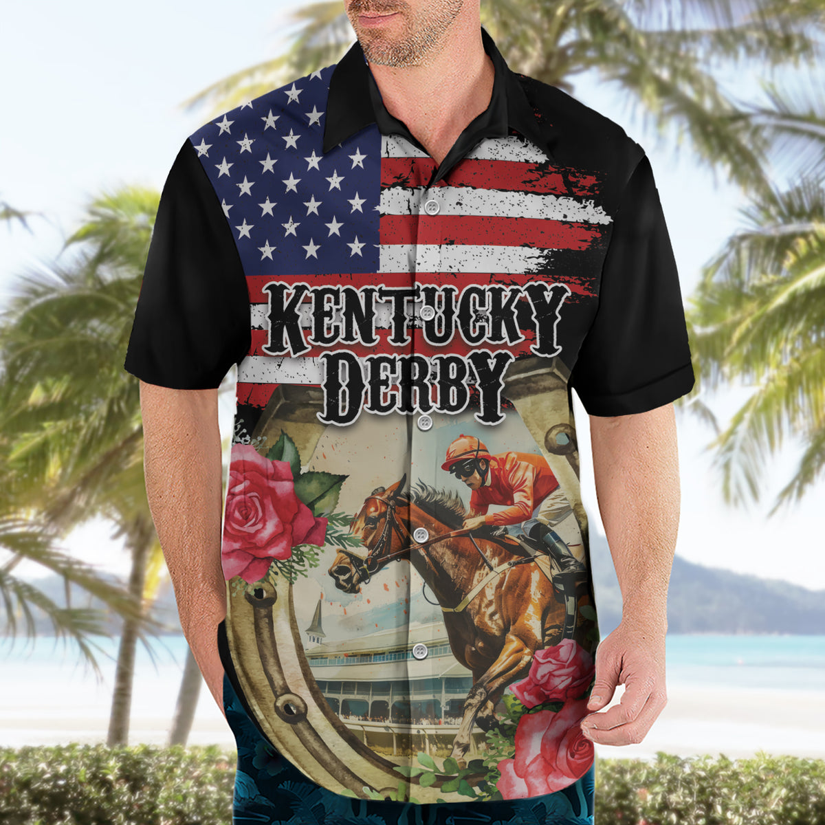 Kentucky Horseshoe Racing Rose Hawaiian Shirt Grunge American Flag Vintage Style - Wonder Print Shop