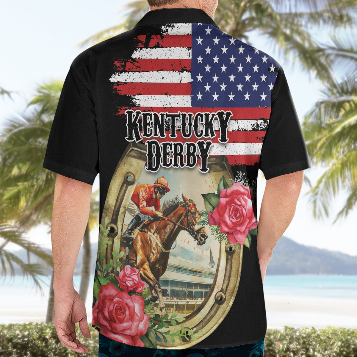 Kentucky Horseshoe Racing Rose Hawaiian Shirt Grunge American Flag Vintage Style - Wonder Print Shop