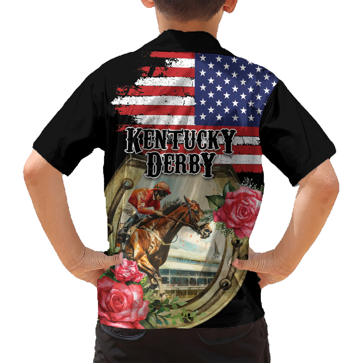 Kentucky Horseshoe Racing Rose Hawaiian Shirt Grunge American Flag Vintage Style - Wonder Print Shop