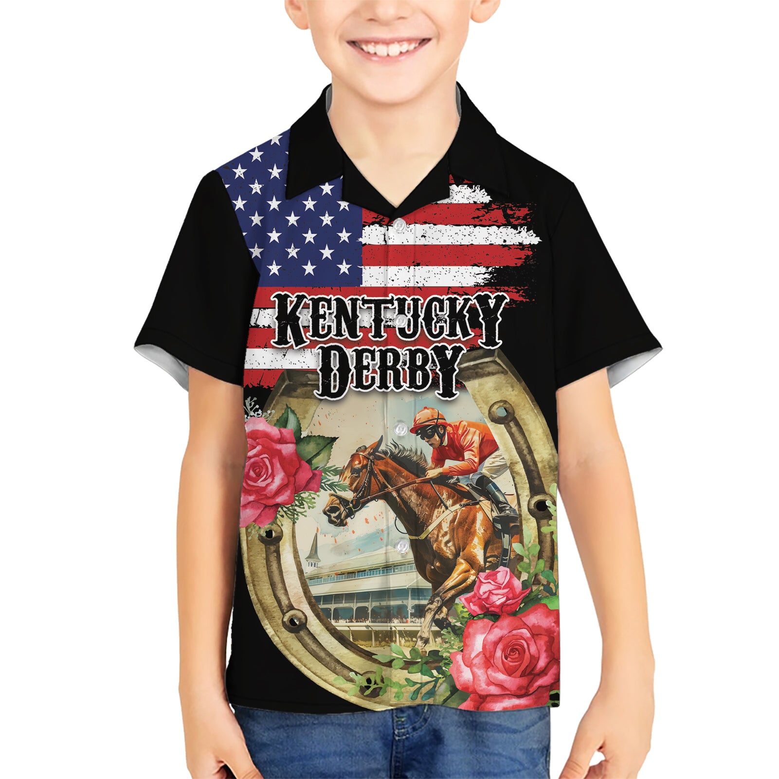 Kentucky Horseshoe Racing Rose Kid Hawaiian Shirt Grunge American Flag Vintage Style - Wonder Print Shop
