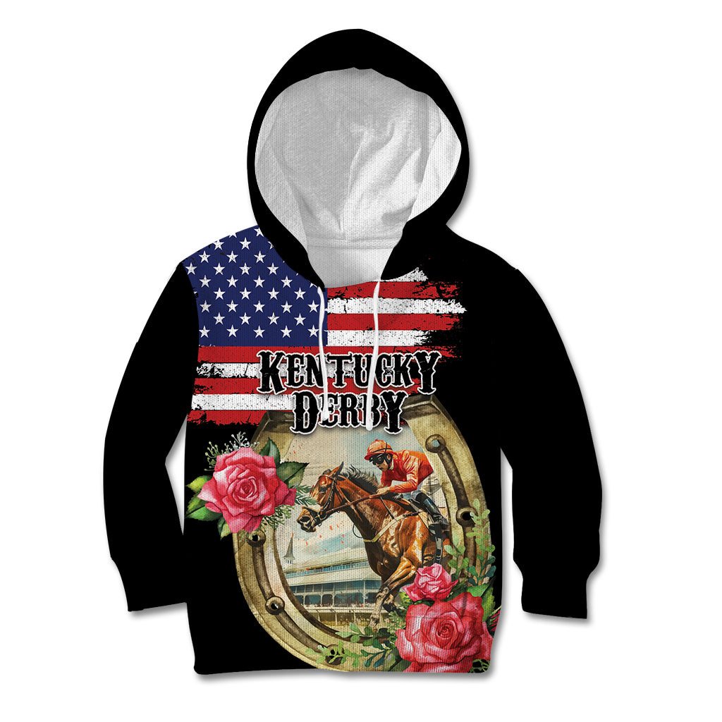 Kentucky Horseshoe Racing Rose Kid Hoodie Grunge American Flag Vintage Style - Wonder Print Shop