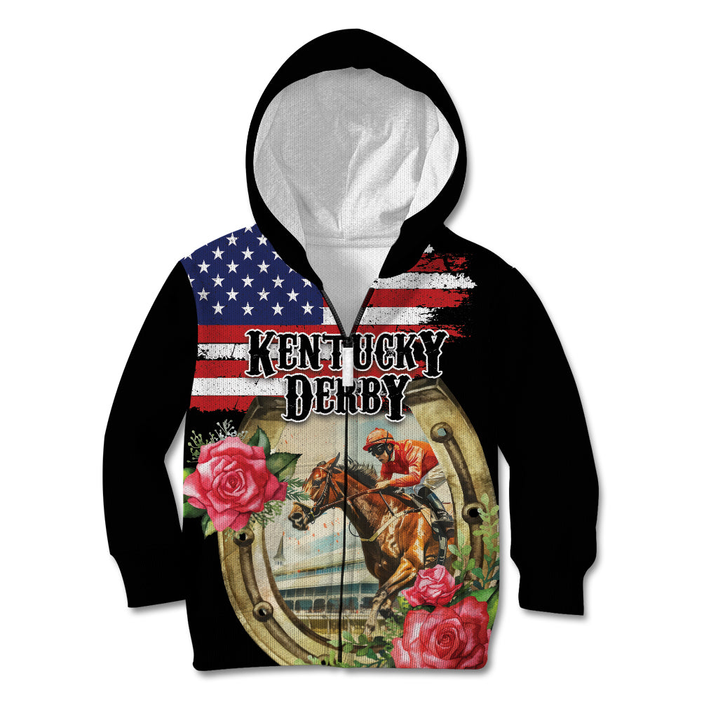 Kentucky Horseshoe Racing Rose Kid Hoodie Grunge American Flag Vintage Style - Wonder Print Shop