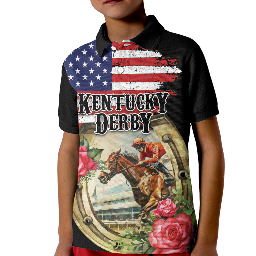 Kentucky Horseshoe Racing Rose Kid Polo Shirt Grunge American Flag Vintage Style - Wonder Print Shop