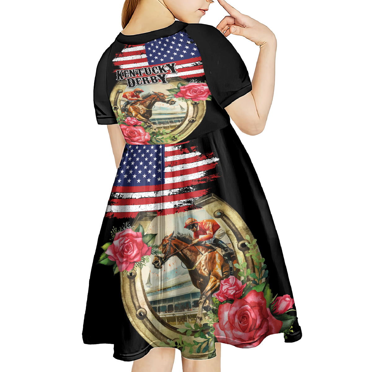Kentucky Horseshoe Racing Rose Kid Short Sleeve Dress Grunge American Flag Vintage Style - Wonder Print Shop