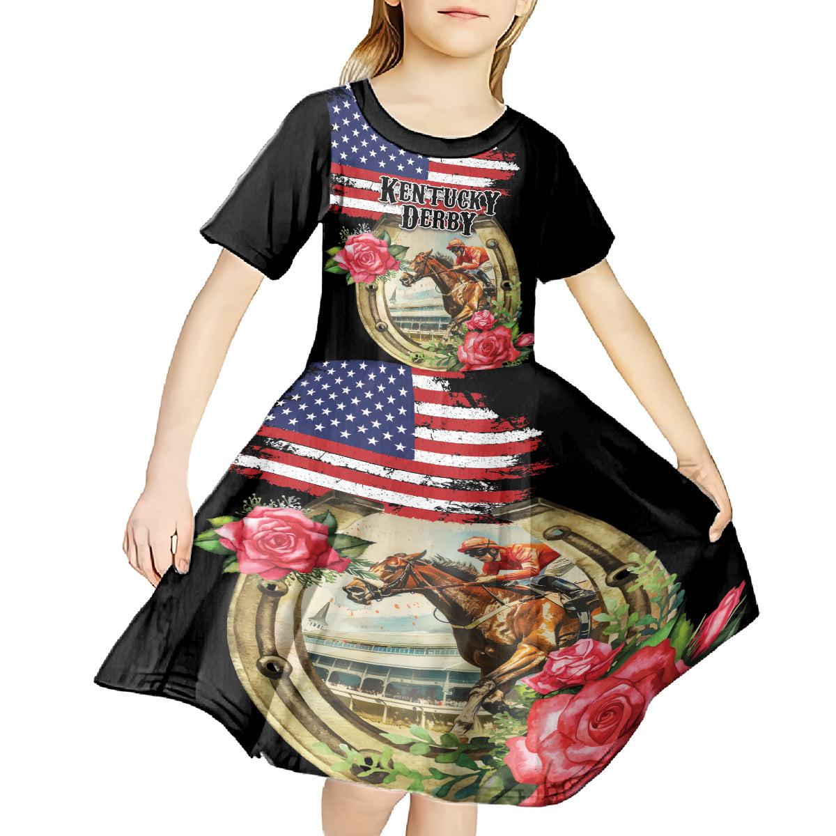 Kentucky Horseshoe Racing Rose Kid Short Sleeve Dress Grunge American Flag Vintage Style - Wonder Print Shop