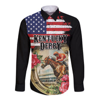Kentucky Horseshoe Racing Rose Long Sleeve Button Shirt Grunge American Flag Vintage Style - Wonder Print Shop