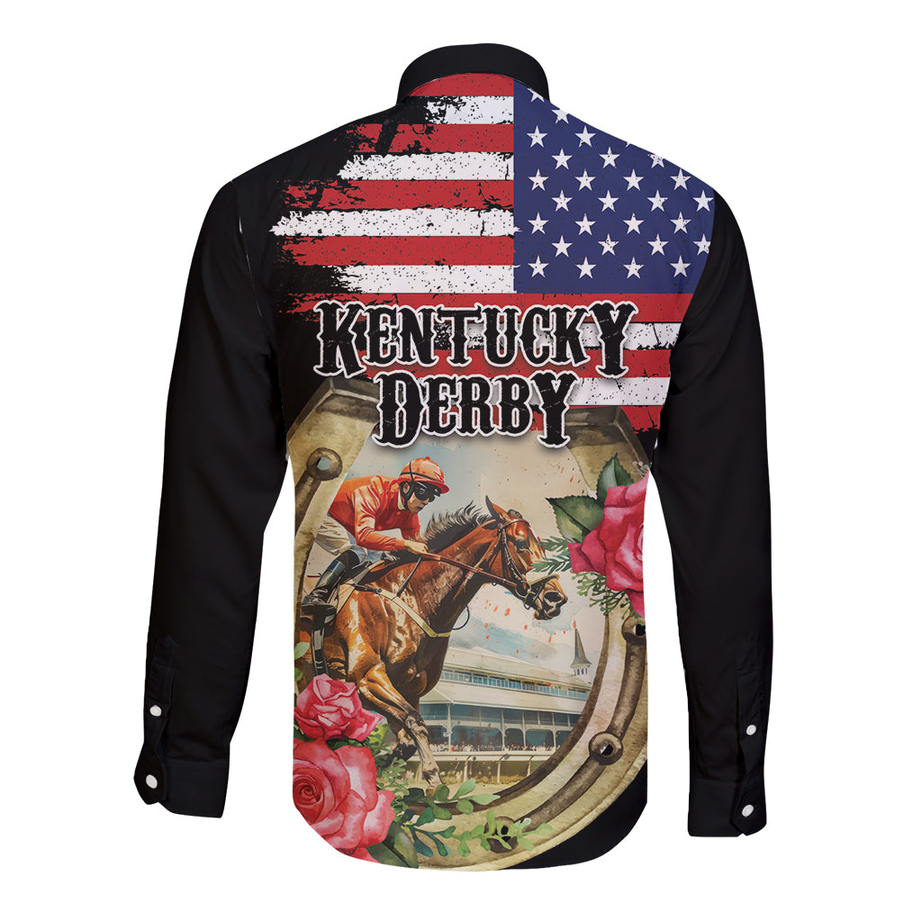 Kentucky Horseshoe Racing Rose Long Sleeve Button Shirt Grunge American Flag Vintage Style - Wonder Print Shop